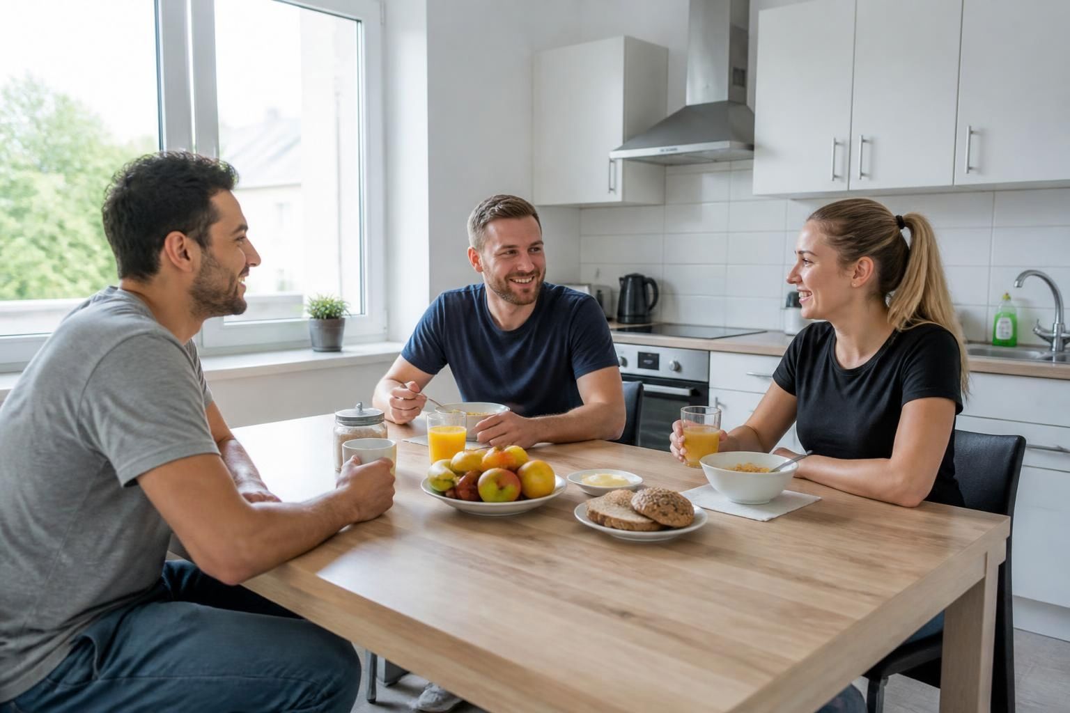 Drei Mitbewohner frühstücken in einer hellen, sauberen Küche einer Mitarbeiterwohnung in Deutschland
