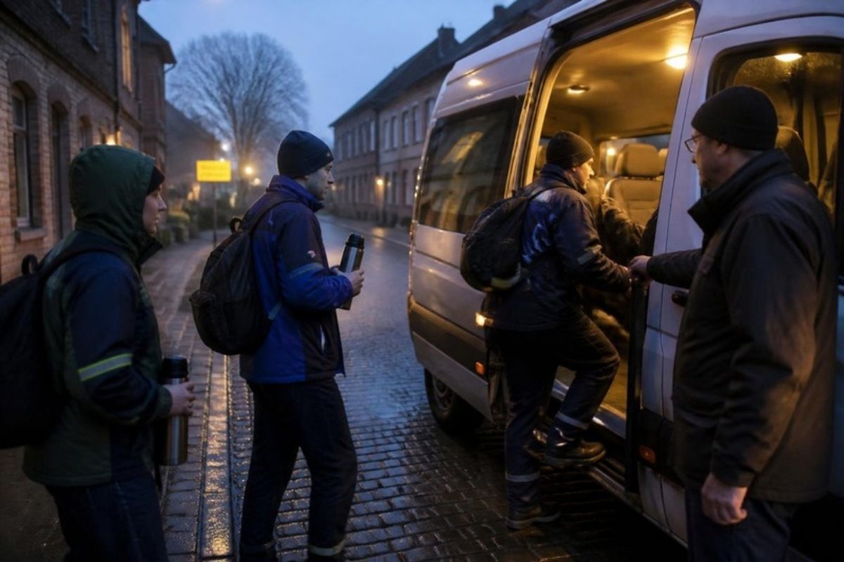 Pracownicy wsiadają rano do busa, który bezpłatnie dowozi ich do pracy