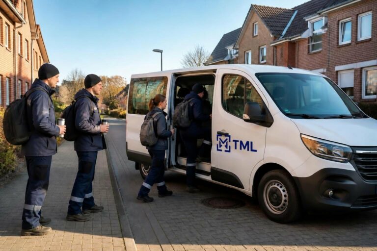TML-Plus-Mitarbeiter steigen morgens in den weißen Bus mit TML-Logo – Anfahrt zur Arbeit durch TML Plus