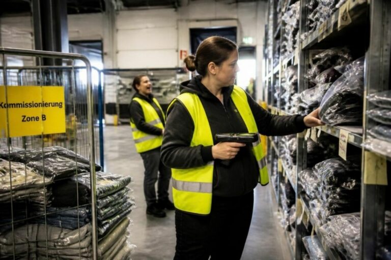 Eine Mitarbeiterin im Bekleidungslager in Deutschland kommissioniert eine Bestellung