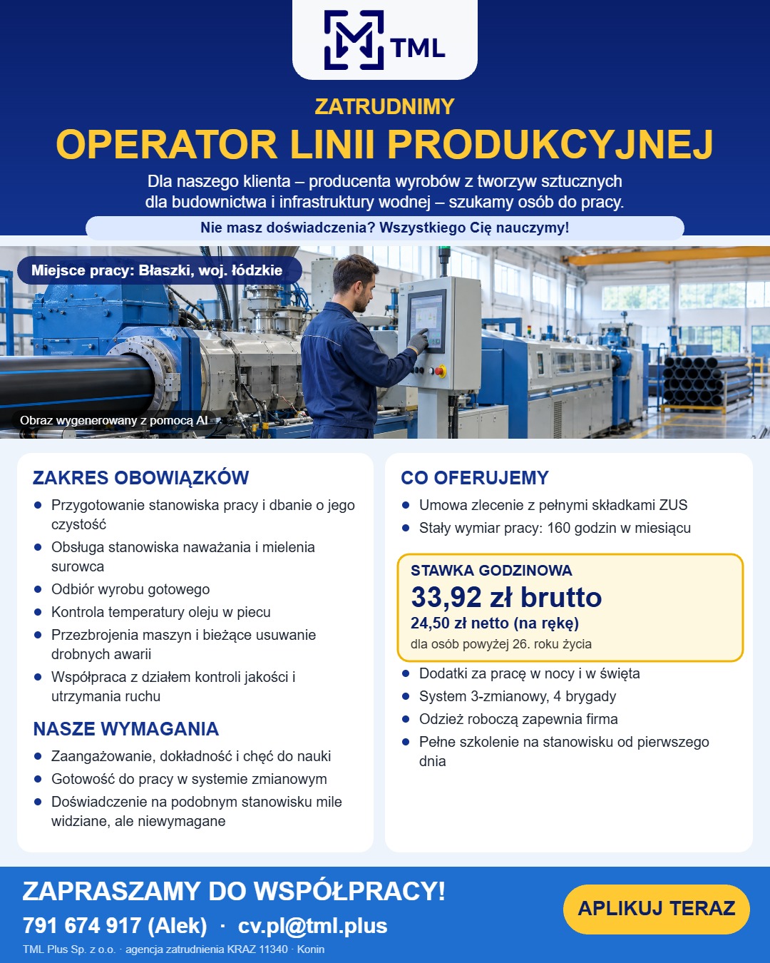 Oferta pracy: operator linii produkcyjnej – szczegóły, stawki i kontakt (obraz wygenerowany z pomocą AI)